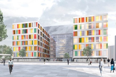 So bunt soll der Holz-Erweiterungsbau des Bundestages einmal aussehen. Quelle: Sauerbruch Hutton