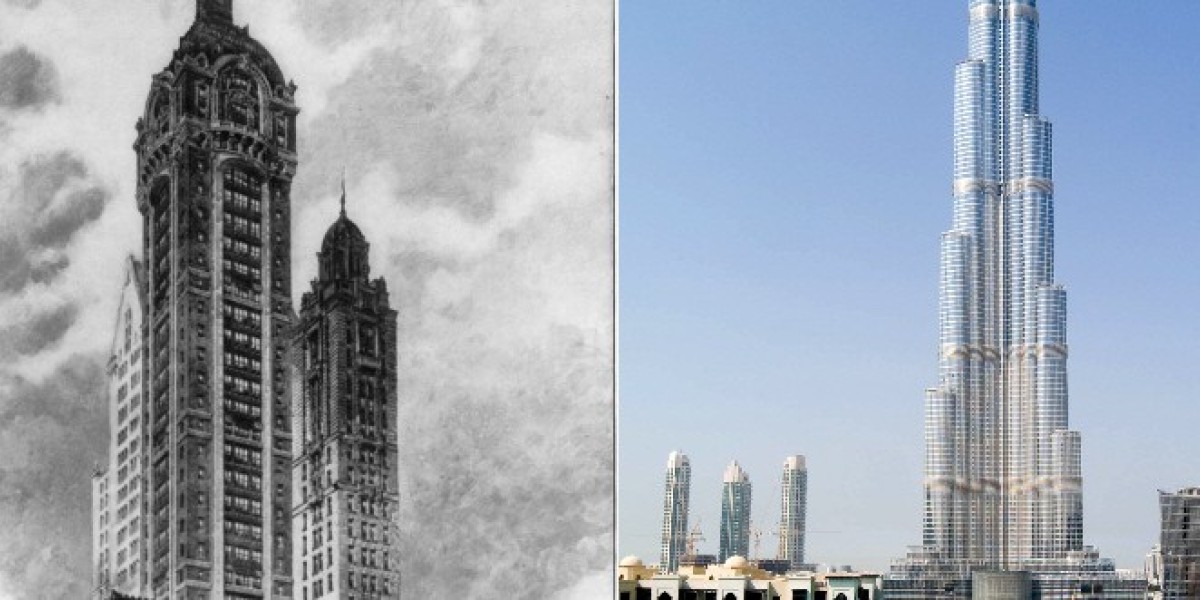 Das Singer Building in New York und der Burj Khalifa in Dubai.