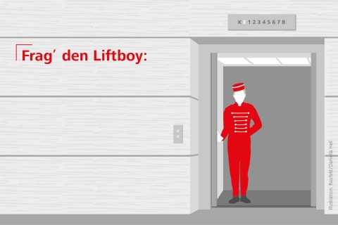 Eine Illustrationen eines Liftboys mit rotem Anzug in einem Aufzug